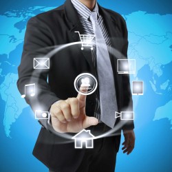 man touching social network icons